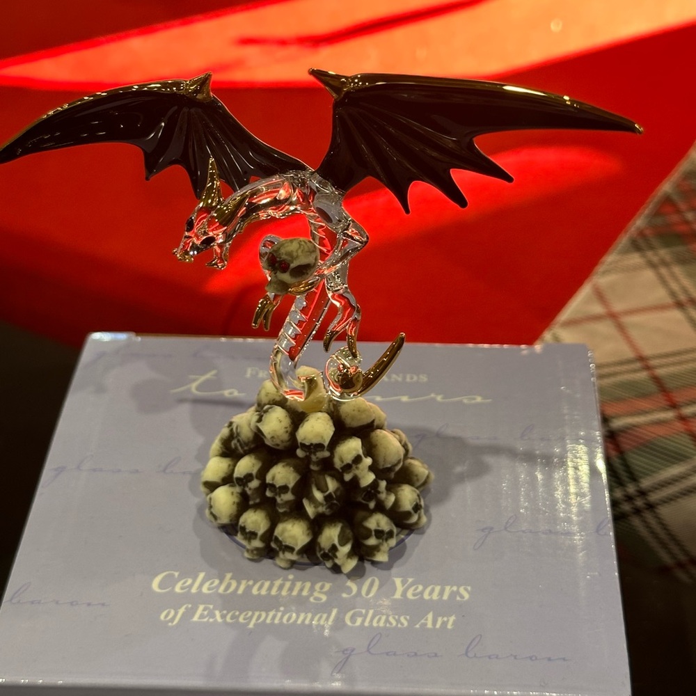 Glass Dragon Figurine with Black Wings. Glass Baron Skull Crusher Dragon